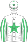 White, emerald green star, striped sleeves, white cap, emerald green stars