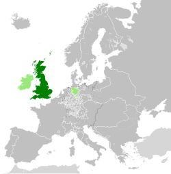 Great Britain in 1789; Kingdom of Ireland, the Isle of Man, the Channel Islands, and Electorate of Hanover in light green