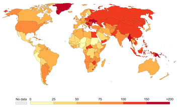 The number of deaths attributed to smoking per 100,000 people in 2017[51]