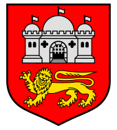 A shield with a red background. A white castle is in the top of the shield, while a yellow lion is on the bottom.