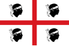 The flag of Sardinia, shows a Saint George's Cross on a white field, surrounded by four black heads, known as the Moors