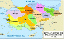 A map centred on Turkey. From west to east and north to south with the corresponding colours in brackets; are the themes of Opsikion (light purple), Samos (dark grey), Thracesians (light grey), Cibyrrhaeots (light green), Optimatoi (dark grey), Anatolic and Seleucia (brown), Bucellarians (orange), Paphlagonia (navy blue), Cappadocia (green), Charsianon (pink), Armeniacs (purple), Lycandus and Mesopotamia (brown), Sebastea (blue), Koloneia (dark green) and Chaldia (light blue). On the map are marked the major rivers; the Aegean, Black and Mediterranean Seas; the cities of Ephesos, Constantinople, Ancyra, Tarsus, Adana, Antioch and Edessa; and the islands of Crete and Cyprus.