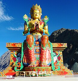 110 ft (35 metre) Maitreya Buddha facing down the Shyok River, Nubra Valley near Diskit Monastery