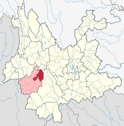 Location of Yun County (red) and Lincang City (pink) within Yunnan