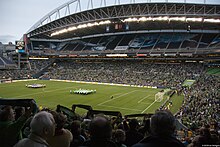 A view of a soccer field from high in the crowd before a match