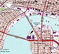 A 1992 map of downtown Jacksonville showing three road bridges.