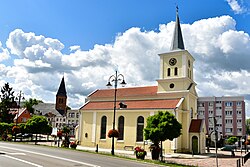 Center of Sztum with the Church of Our Lady Help of Christians in the foreground and Church of Saint Anne in the background