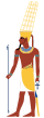 Full-length profile of man in ancient Egyptian clothing. He has red-brown skin and wears a helmet with tall yellow plumes.