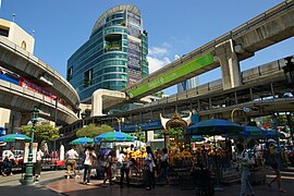 View of the viaducts of the Silom Line (left) and the Sukhumvit Line (right) from Erawan shrine.