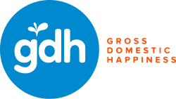 GDH 599 logo, consisting of blue circle with "GDH" in lowercase letters, with splash above "GDH", and the slogan "Gross Domestic Happiness" on the right