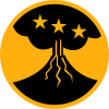 On a yellow disk 3 1/4 inches in diameter with a 1/8 inch edge, a conventionalized black volcano emitting smoke, the volcano charged with three yellow mullets in fess