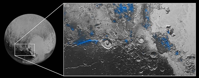 Regions where water ice has been detected (blue regions)