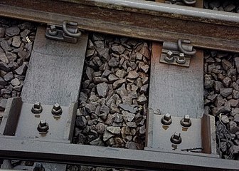 Traditional railway track showing ballast, sleepers, and rail fixings