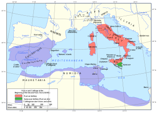 a map of the western Mediterranean region showing the territory and allies of Rome and Carthage in 218 BC