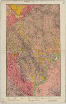 The map shows the hills and valleys around the town indicating the gold bearing areas with a yellow tone.