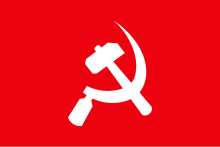 White hammer and sickle on red background.