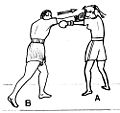 Boxer A's left jab is countered with Boxer B throwing a right straight punch to the head.