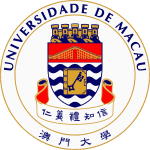 The emblem of the University of Macau, featuring a five-towered crest encircled by golden rings and the name of the university in Chinese and Portuguese