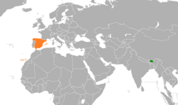 Map indicating locations of Bhutan and Spain