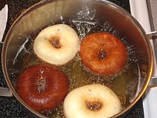 Rings of dough in oil, varying in colour from light to dark