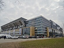 Photo of the exterior of Parken Stadium in Copenhagen.