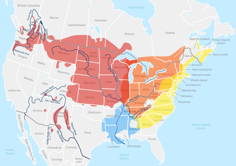 Map of North America showing the subspecies' specific ranges in different colors