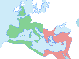 A map showing the western and eastern Roman empires c. 395, divided in the Balkans and North Africa