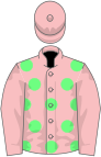 Pink, light green spots, pink sleeves and cap