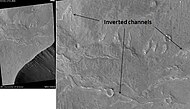 Inverted Channels near Juventae Chasma, as seen by HiRISE. Channels were once regular stream channels. Scale bar is 500 meters long.