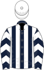 Dark blue and white stripes, chevrons on sleeves, white cap