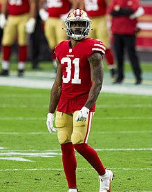 Raheem Mostert in a San Francisco 49ers uniform and helmet.