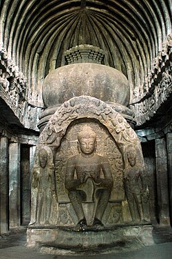 Stupa inside Cave 10, Ellora, the last chaitya hall built, the Buddha image now dominating the stupa.