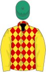 Yellow and red diamonds, yellow sleeves, emerald green cap