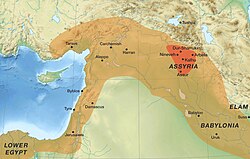 The ancient Assyrian heartland (red) and the Neo-Assyrian Empire in the 7th century BC (orange)