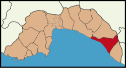 Map of Antalya Province showing several municipalities with Alanya on the right and in red
