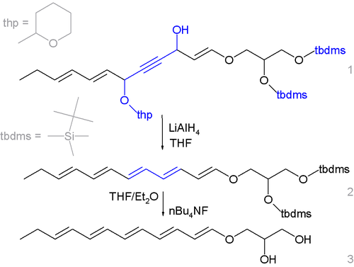 SMILES-esque: thp is CC1CCCCO1, tbdms is CSi(C)(C)C(C)(C)C. Step 1 is CCC=CC=CC(Othp)C#CC(O)C=COCC(Otbdms)COtbdms, to which is added LiAlH4 in THF to obtain Step 2, namely CCC=CC=CC=CC=CC=COCC(Otbdms)COtbdms, to which is added nBu4NF in THF/Et2O to obtain Step 3, namely CCC=CC=CC=CC=CC=COCC(O)CO