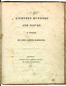 Page reads "Eighteen Hundred and Eleven, A Poem. By Anna Laetitia Barbauld. London: Printed for J. Johnson and Co., St. Paul's Churchyard. 1812."