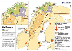 Location of Sápmi: dark red line showing the Southern limit of the areas traditionally inhabited by the Sámi