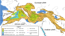 Map shows the location of subduction zones and extensional features of the western Alpine-Himalayan orogenic belt.