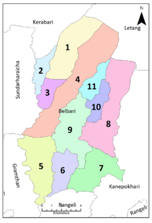 Map of the village development committees in Morang District