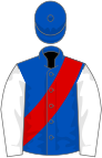 Royal blue, red sash, white sleeves