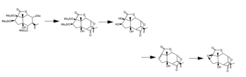 Begin with methyl (1S,4S,5R,7R,8S,9R,10R,11R)-10-(acetyloxy)-7-hydroxy-11-methyl-3-oxo-9-(prop-1-en-2-yl)-4,5-bis[(trimethylsilyl)oxy]-2-oxatricyclo[5.3.1.04,11]undecane-8-carboxylate. (1) Intramolecular transesterification, releasing methyl acetate; then (2) deprotection of a trimethylsilyl-protected vicinal diol, followed by (3) reductive dehydration to an olefin, and (4) stereospecific epoxidation to a glycidic ester