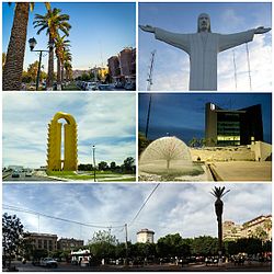 From top to bottom from left to right: the Alameda Ignacio Zaragoza, the Cristo de las Noas, the Puerta de Torreón, the Plaza Mayor and the Plaza de Armas in the Historic Center