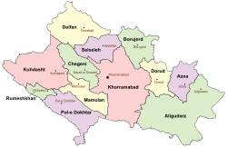 Location of Delfan County in Lorestan province (top, yellow)