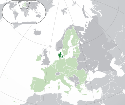 Location of Denmark (dark green) – in Europe (green & dark grey) – in the European Union (green)  –  [Legend]