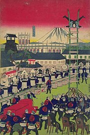 Woodblock print by Hiroshige depicting a firefighter festival, Dezomeshiki [ja]