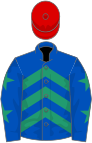 Royal blue, emerald green chevrons, royal blue sleeves, emerald green stars, red cap