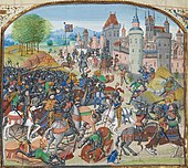 A colourful image of late-Medieval knights fighting outside a walled town