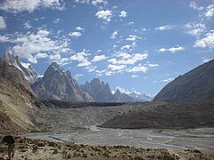 Downstream end of Baltoro Glacier, with Braldu River emerging from underneath