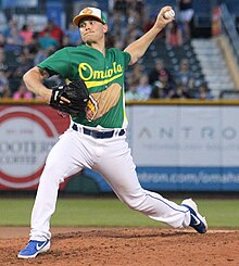 Gabe Speier pitching with the Omaha Storm Chasers in 2019